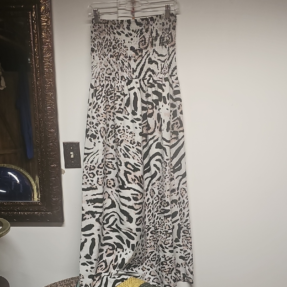 Gypsie Blue Black & Cream Animal Print Smocked Maxi Lightweight Summer Dress